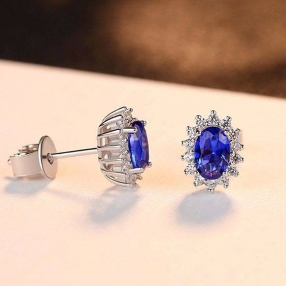 Luxurious Blue Sapphire Earrings in 925 Sterling Silver With Rhodium Plated - Picture 1 of 4